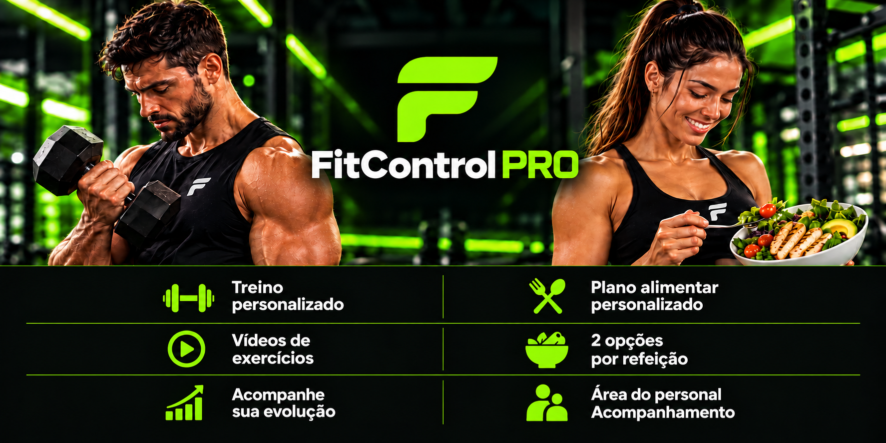 FitControl Pro: treino personalizado, vídeos de exercícios, acompanhe sua evolução, plano alimentar personalizado, 2 opções por refeição e área do personal com acompanhamento